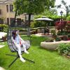 Large Folding Hanging Egg Chair with Stand Outdoor Patio Swing Egg Chair with Grey Cushion;  330LBS Capacity