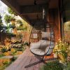 Large Folding Hanging Egg Chair with Stand Outdoor Patio Swing Egg Chair with Grey Cushion;  330LBS Capacity