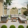 9-Piece Outdoor Patio Garden Wicker Sofa Set, Gray PE Rattan Sofa Set, with Wood Legs, Acacia Wood Tabletop, Armrest Chairs with Cushions
